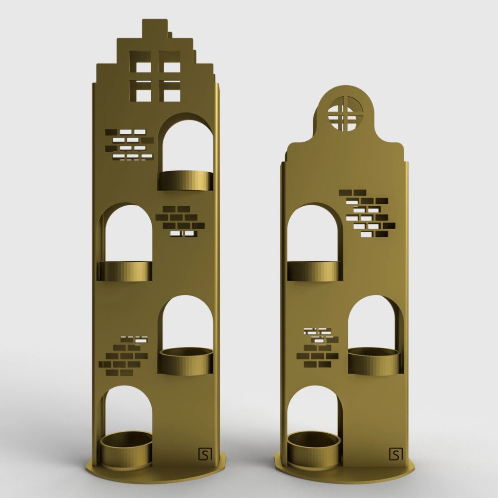 2 Grachtenpanden Waxinelichtjeshouders in de kleur Goud