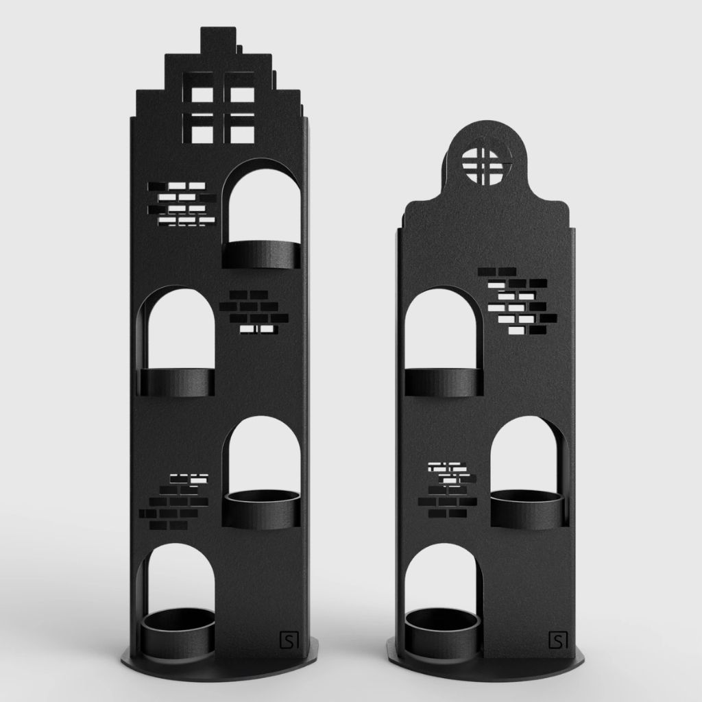 2 Grachtenpanden Waxinelichtjeshouders in de kleur zwart