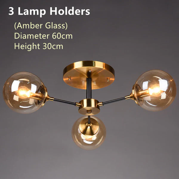 Scandinavische Koperen Kroonluchter met 3 amber glazen bollen