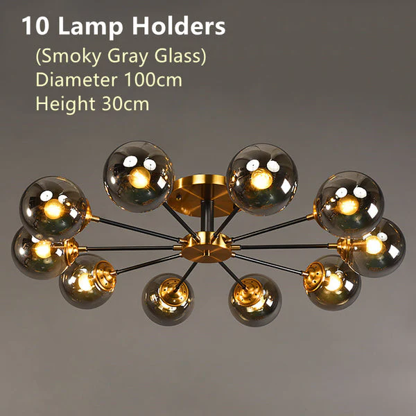 Scandinavische Koperen Kroonluchter 10 bollen met glas van smoky glas
