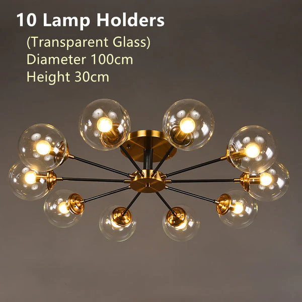 Scandinavische Koperen Kroonluchter 10 bollen met transparante bollen