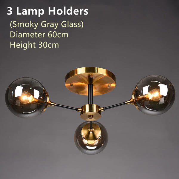 Scandinavische Koperen Kroonluchter met 3 smoky glazen bollen